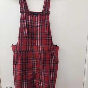Forever 21 Red Plaid Coverall Mini Dress with Buckle Straps